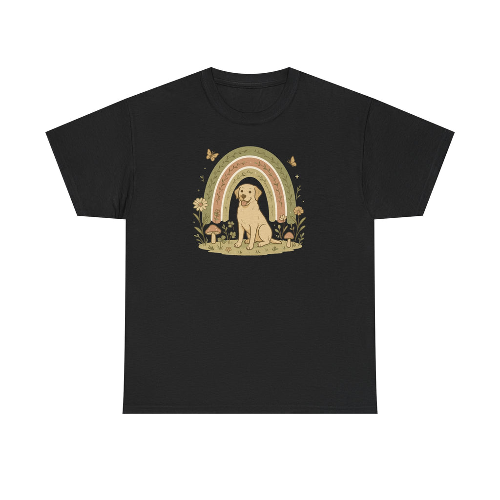 Adorable Labrador in Garden with Rainbow Graphic T-Shirt