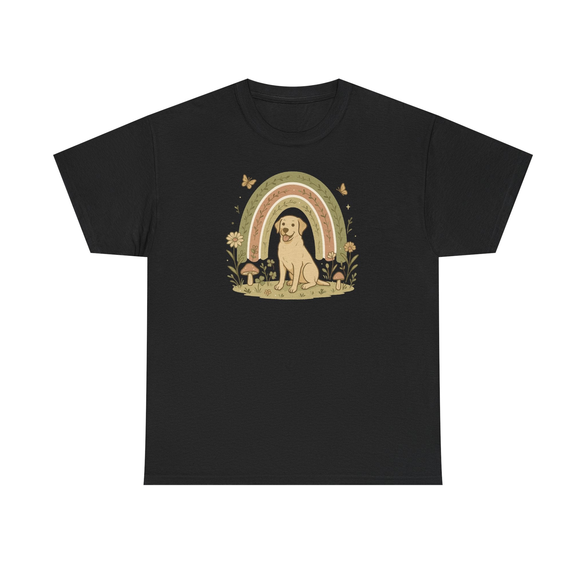 Adorable Labrador in Garden with Rainbow Graphic T-Shirt