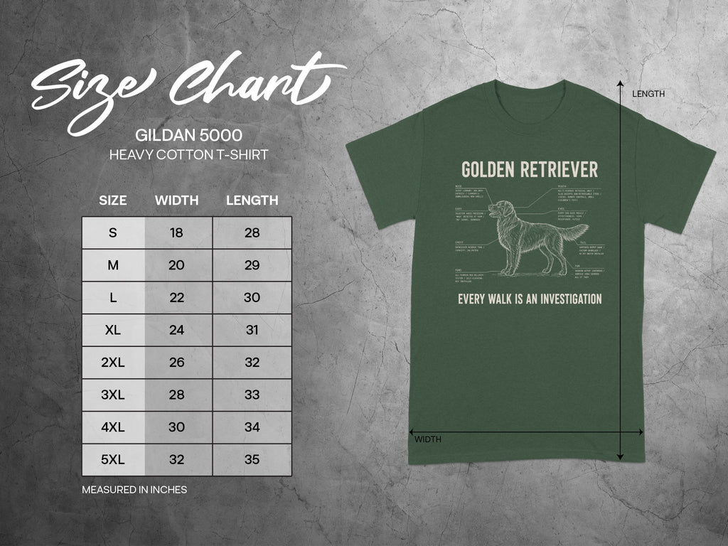 Gildan 5000 t-shirt size chart with Golden Retriever illustration and text.