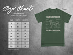Gildan 5000 t-shirt size chart with Golden Retriever illustration and text.