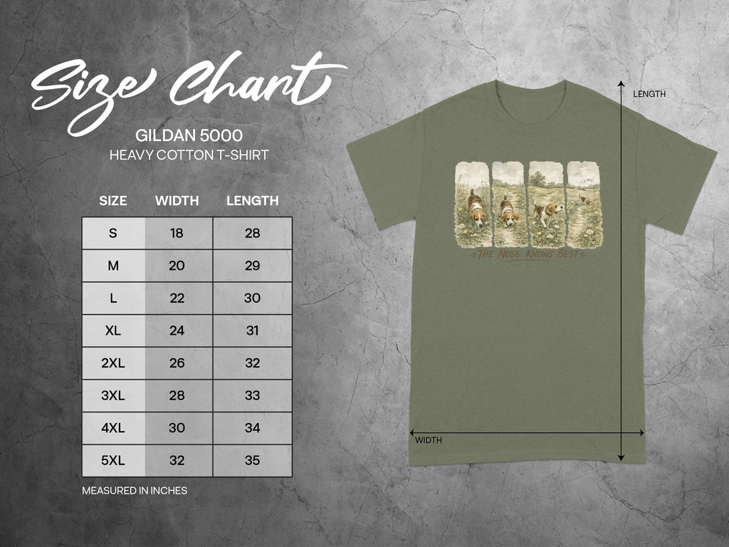 Size chart for Gildan 5000 heavy cotton t-shirt with beagle graphic.