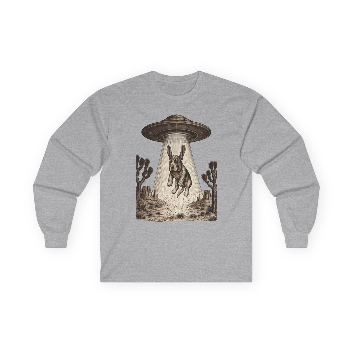 Chill Basset Hound Woodcut Art Long Sleeve Tee in Sport Grey