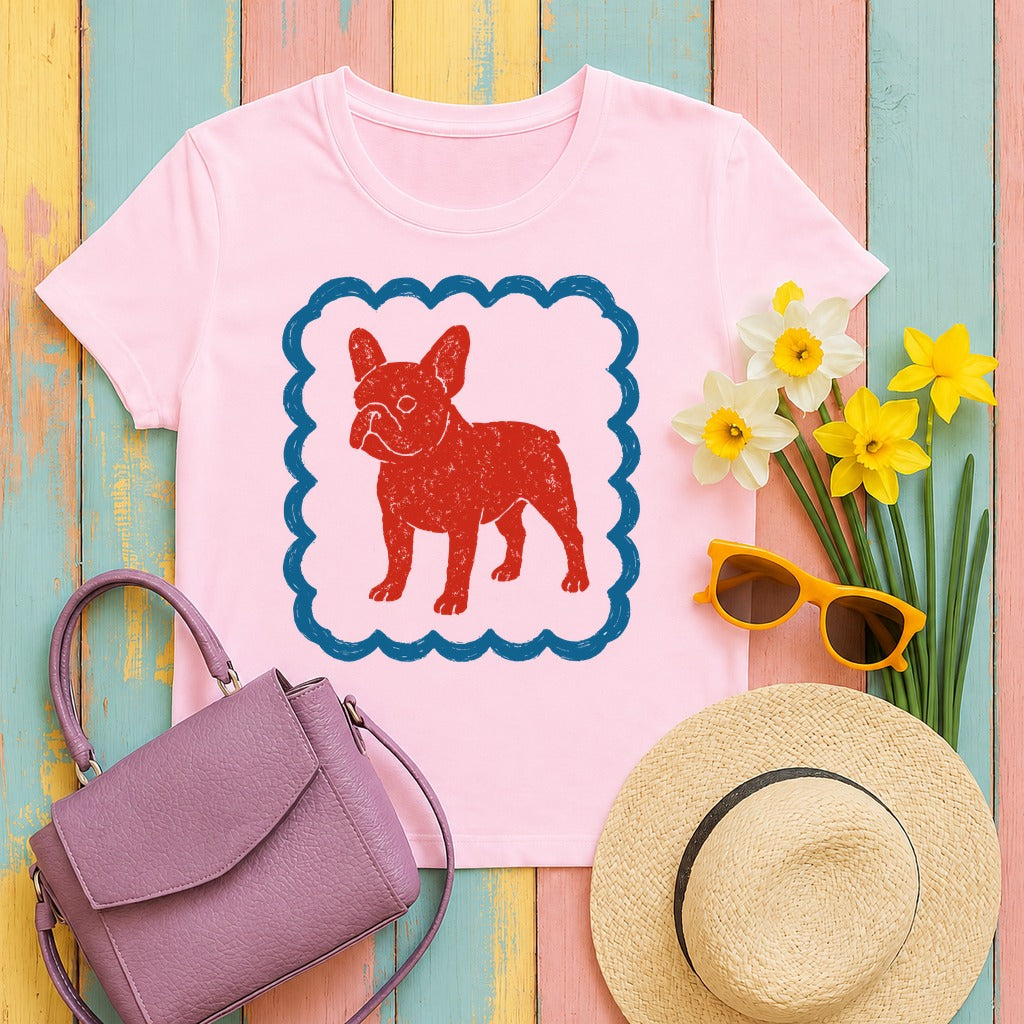French Bulldog in Decorative Border Graphic Design T-Shirt in Light Pink