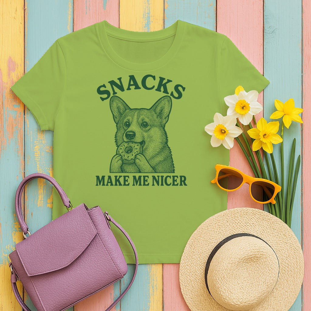 Snacks Make Me Nicer Corgi with Donut Graphic T-Shirt in Kiwi