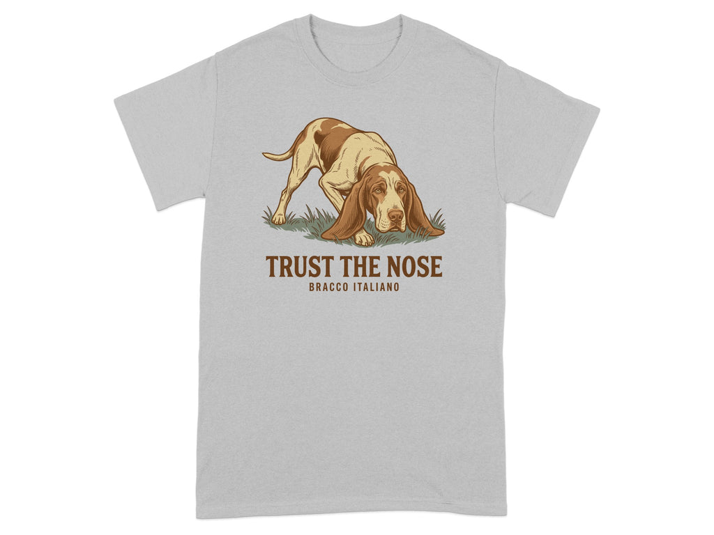Bracco Italiano dog illustration with text "TRUST THE NOSE" on a gray t-shirt.