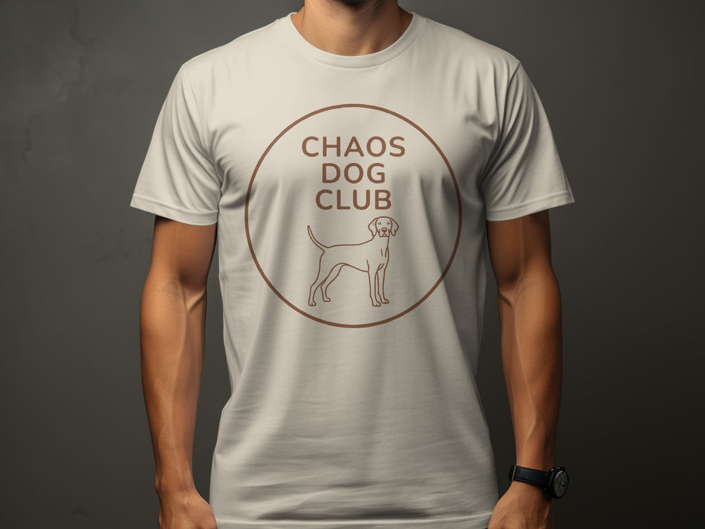 Cream t-shirt with "Chaos Dog Club" and dog silhouette.