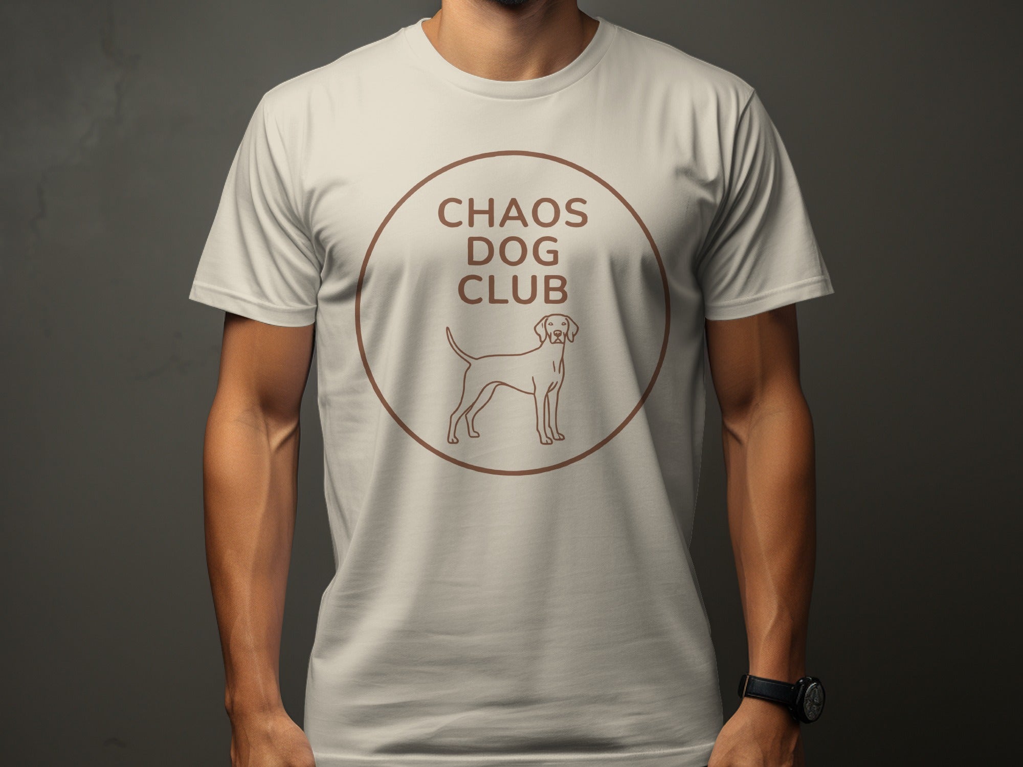 Cream t-shirt with "Chaos Dog Club" and dog silhouette.