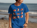 T-shirt with cartoon corgi in multiple actions across a beach background