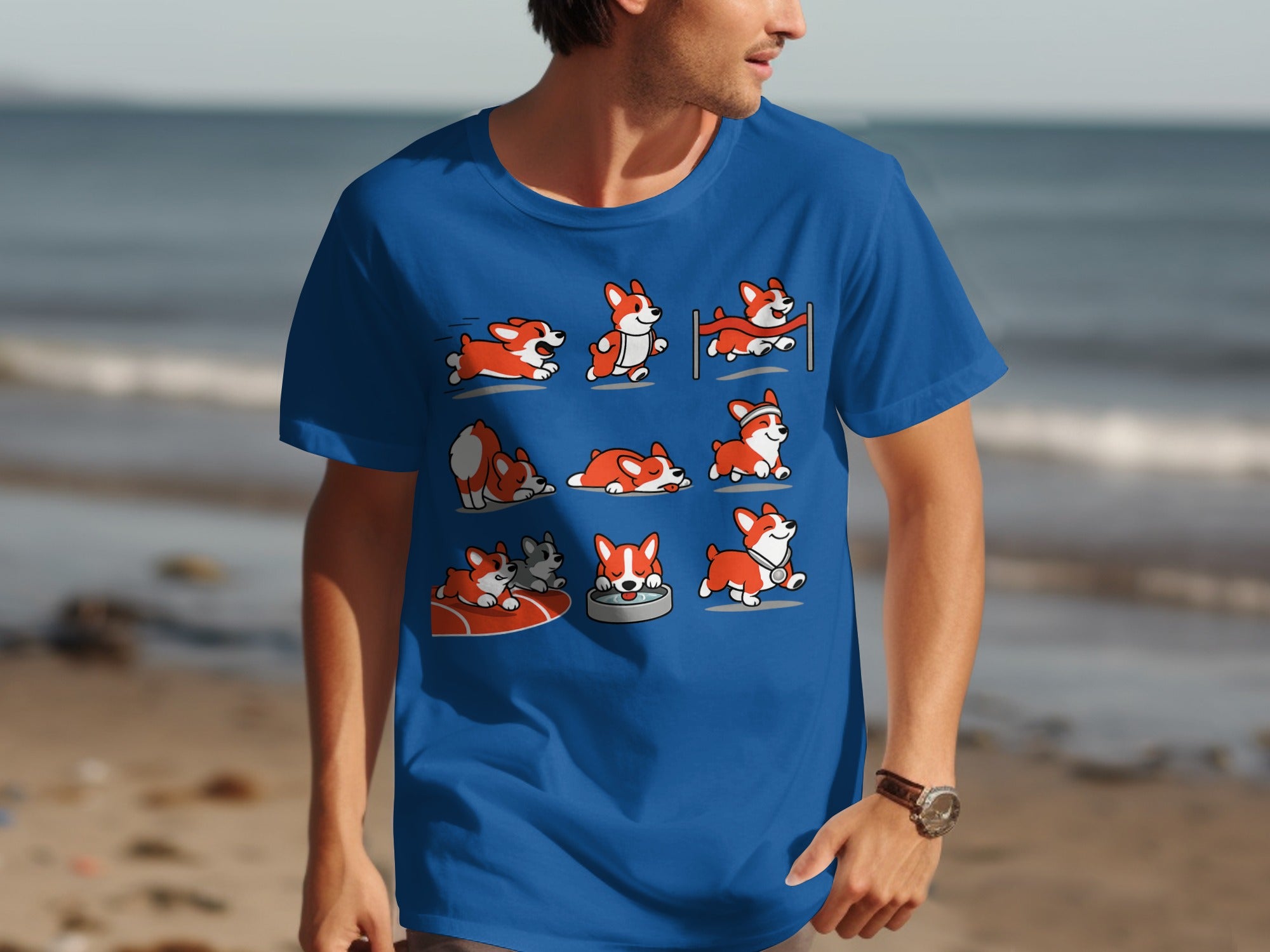 T-shirt with cartoon corgi in multiple actions across a beach background
