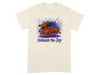Cream t-shirt with a watercolor dachshund running through a splash of paint, text "Unleash the Joy".