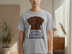 Grey t-shirt with chocolate lab head graphic and text "LOYAL. LOVING. LABRADOR."