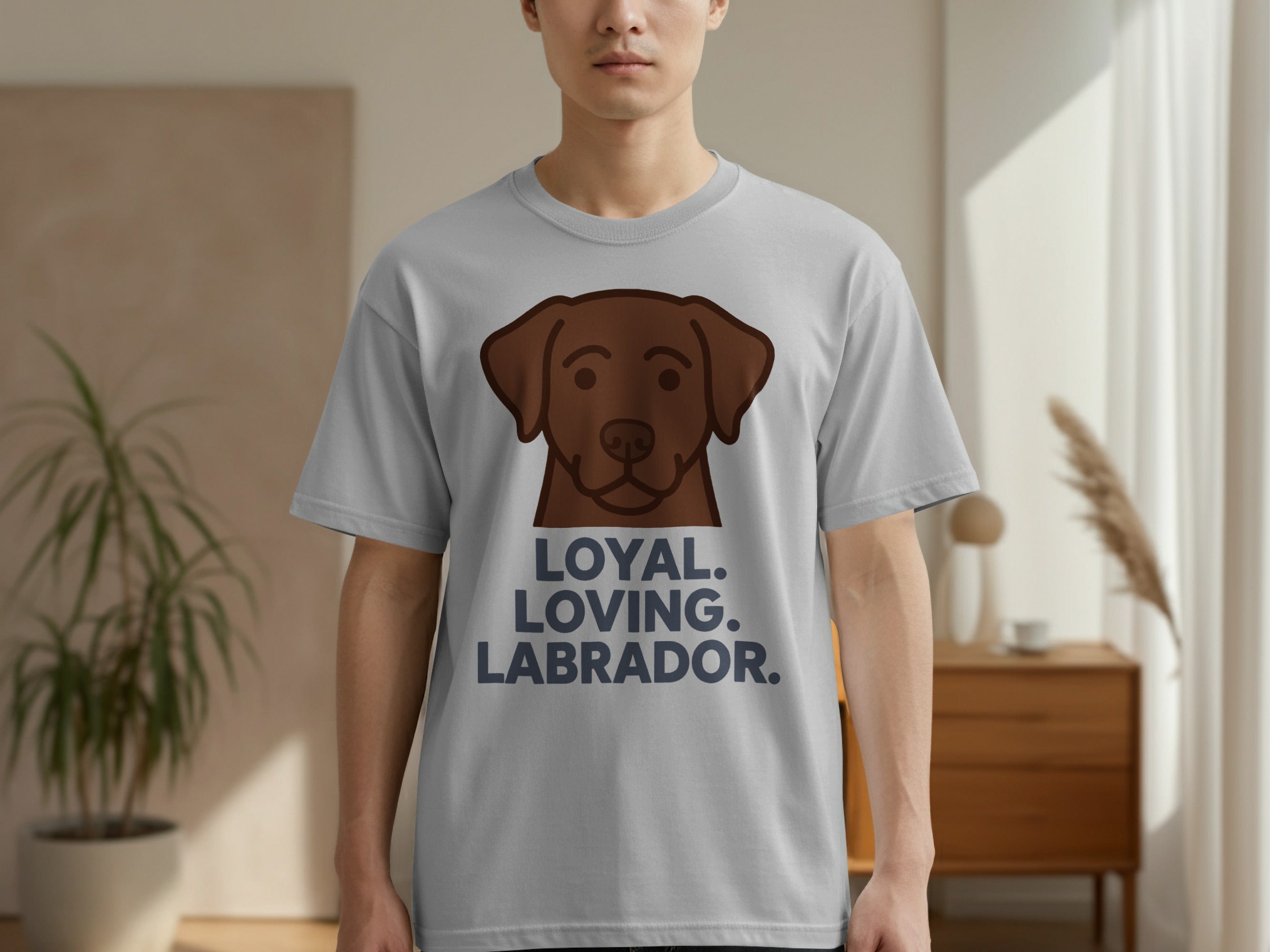 Grey t-shirt with chocolate lab head graphic and text "LOYAL. LOVING. LABRADOR."