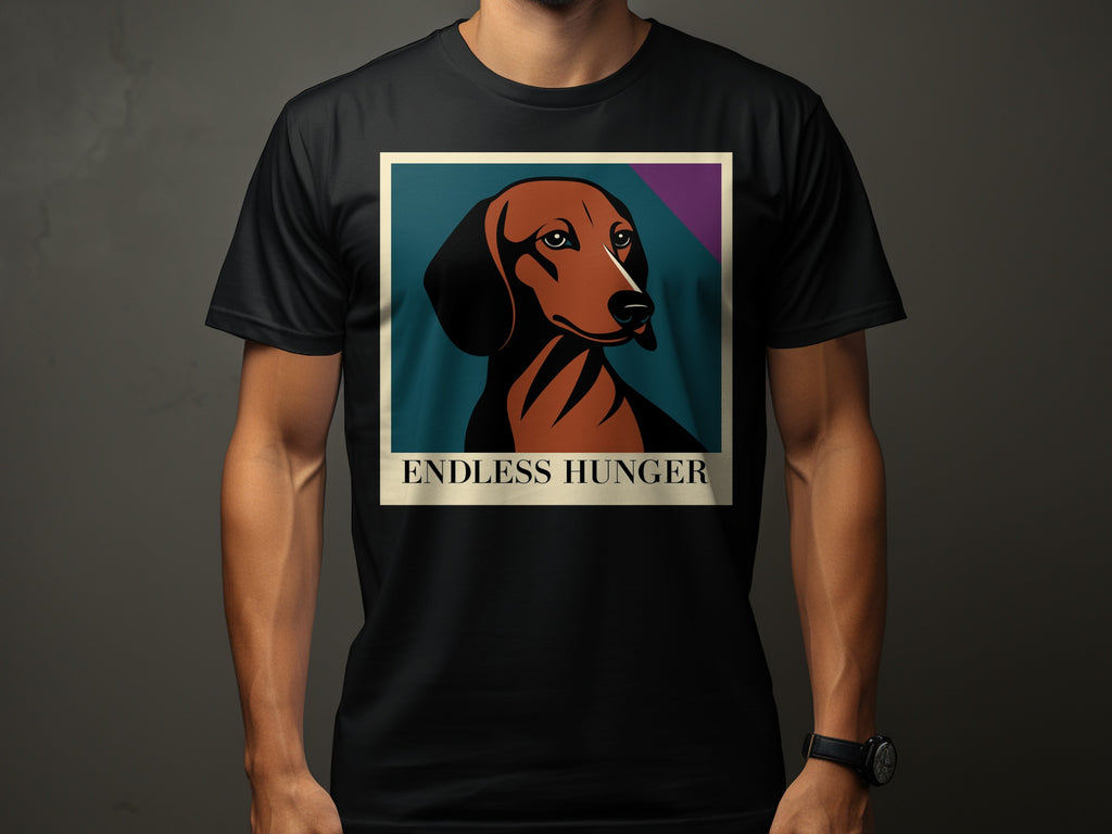 Black t-shirt with a stylized dachshund portrait and the text "ENDLESS HUNGER".