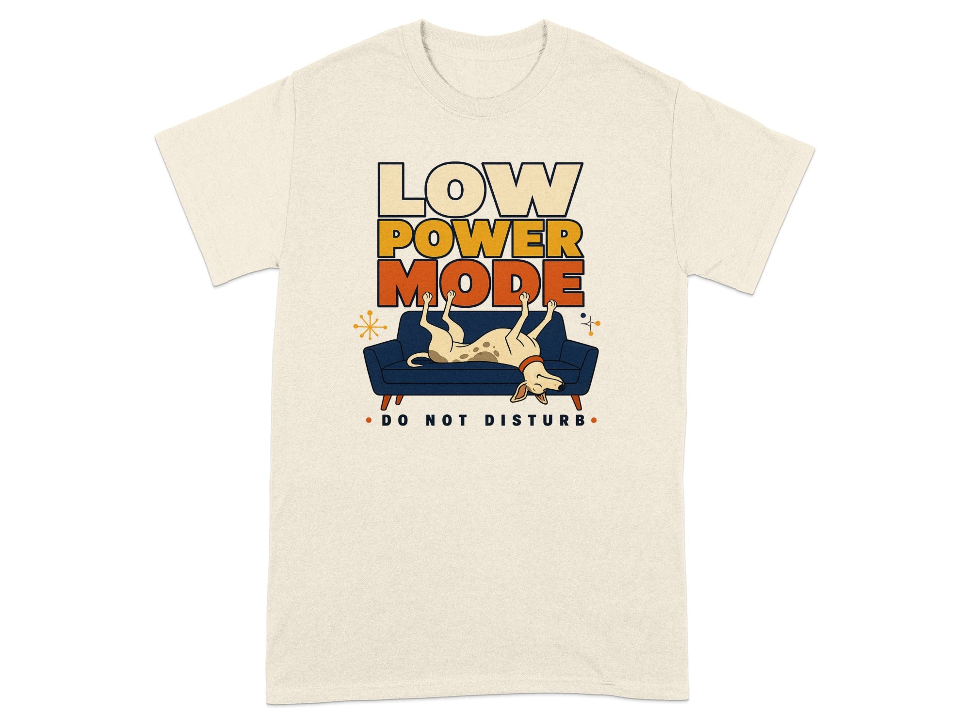 Cream t-shirt with "LOW POWER MODE" text and a cartoon dog relaxing.