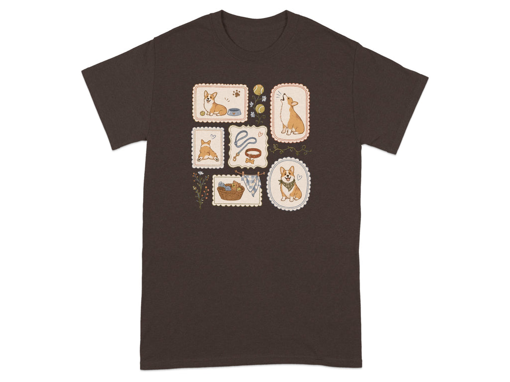 Brown t-shirt with collection of corgi dog stamps in various poses.