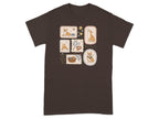 Brown t-shirt with collection of corgi dog stamps in various poses.
