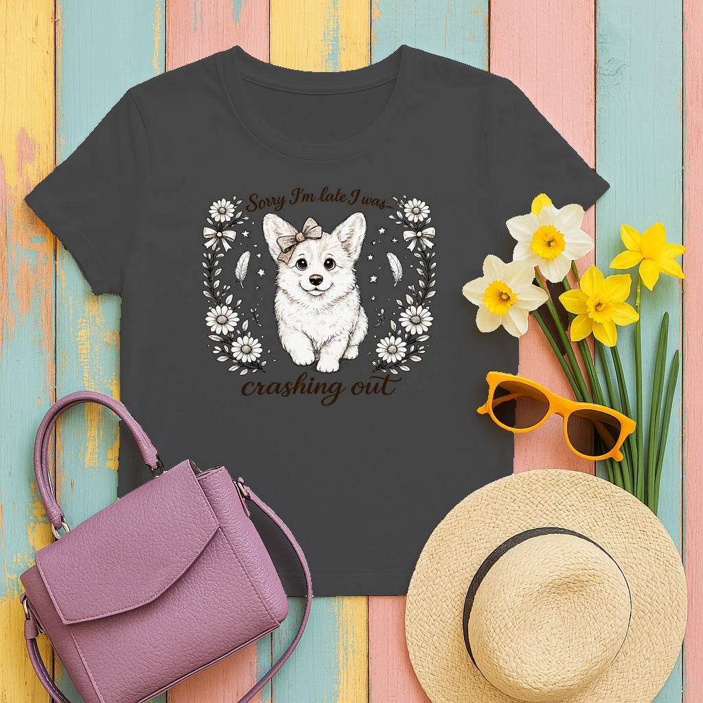 Whimsical Corgi Crashing Out T-Shirt in Dark Heather