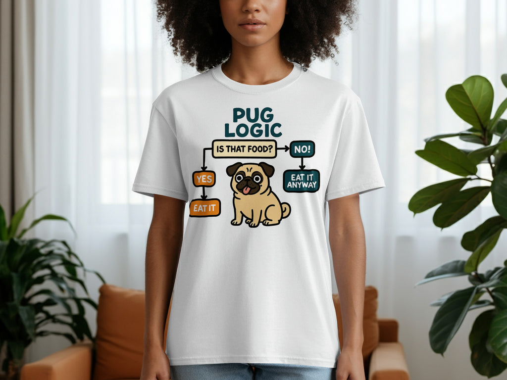 White t-shirt with a pug logic flowchart and a cartoon pug saying "eat it anyway".