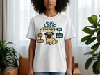 White t-shirt with a pug logic flowchart and a cartoon pug saying "eat it anyway".