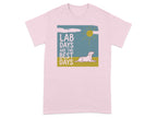 Pink t-shirt with "Lab Days Are The Best Days" and a dog lying down under a sun.