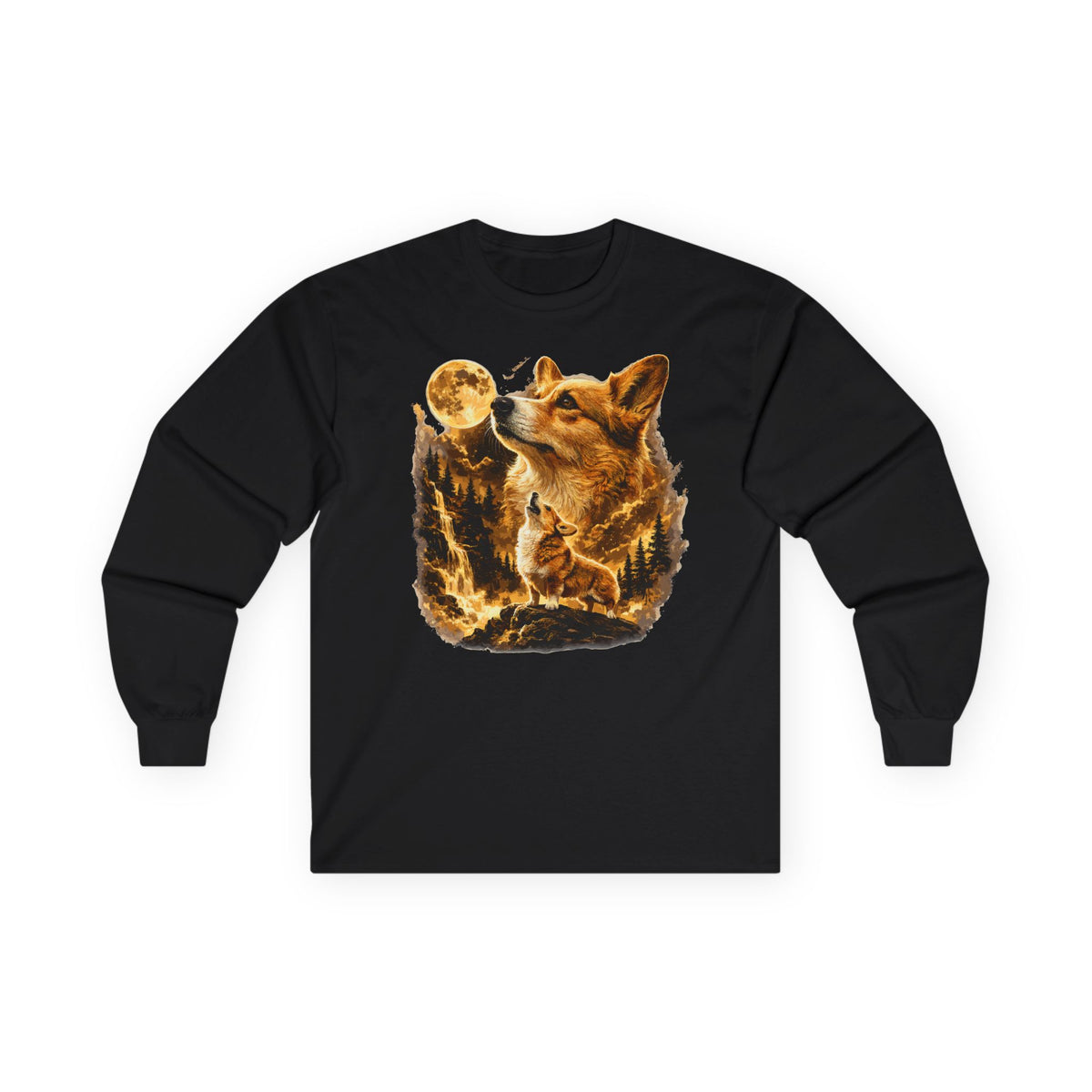 Golden Corgi Moonlight Long Sleeve Tee in Black