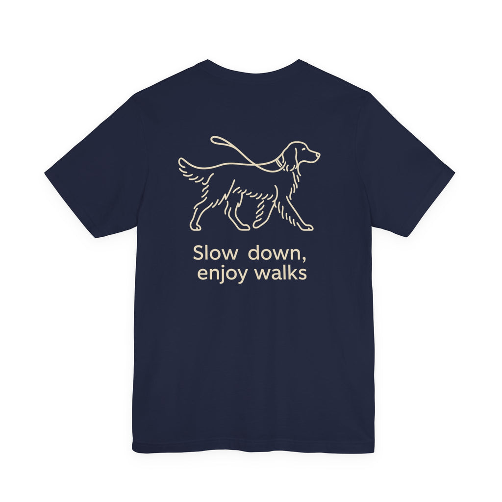 Slow Down Golden Retriever Back Print Tee in Navy, back