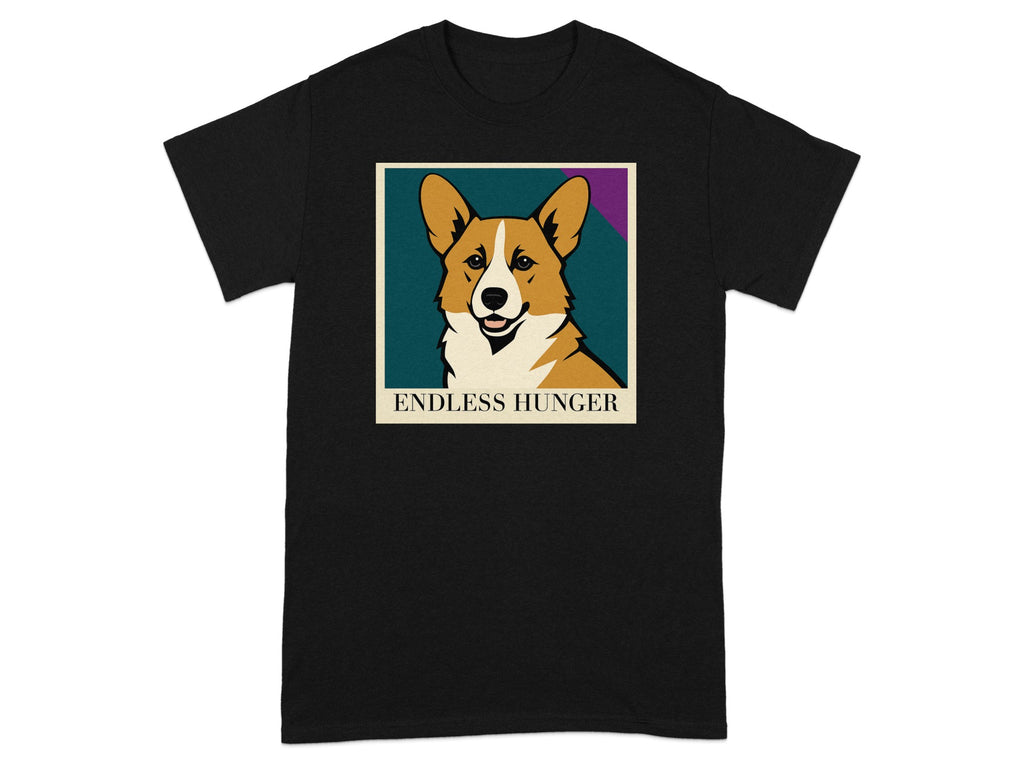 Black t-shirt with a colorful portrait and text that reads "ENDLESS HUNGER"