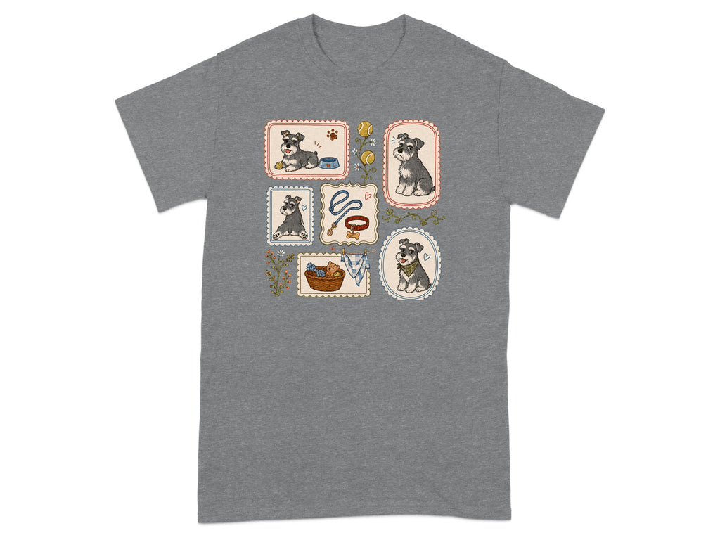 Miniature schnauzer illustrations in framed squares on a grey t-shirt.