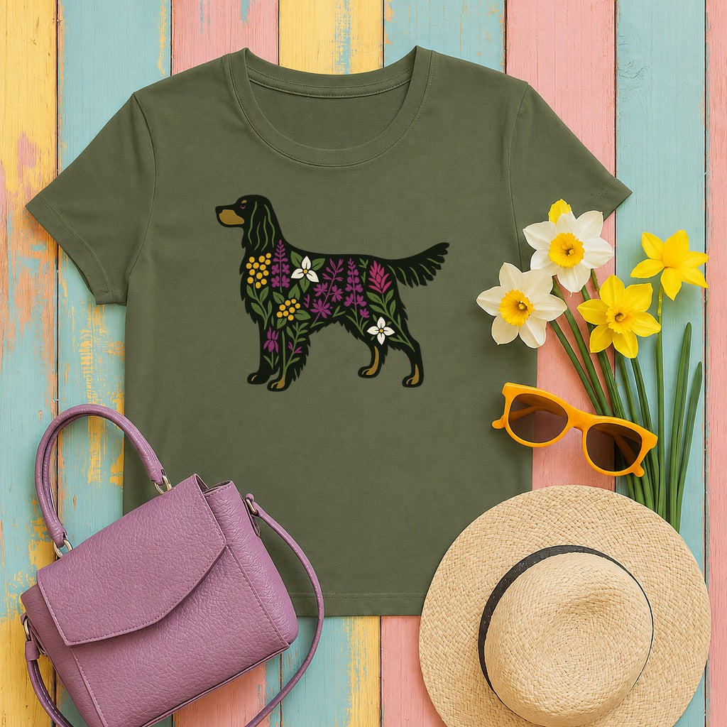 Floral Silhouette of a Black Gordon Setter Elegant Design T-Shirt in Military Green