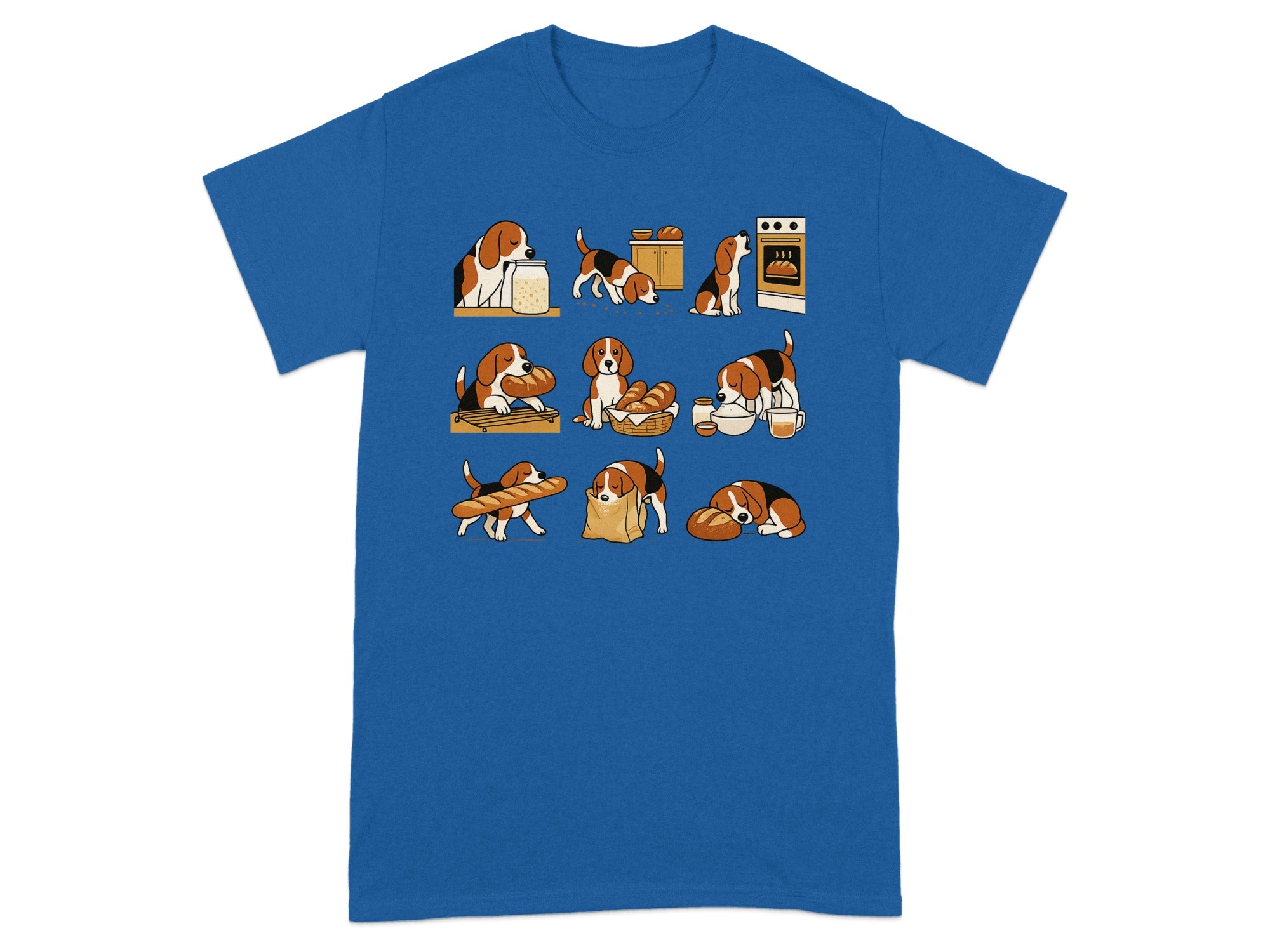 Beagle dogs interacting with bread and baking supplies in a whimsical cartoon style.