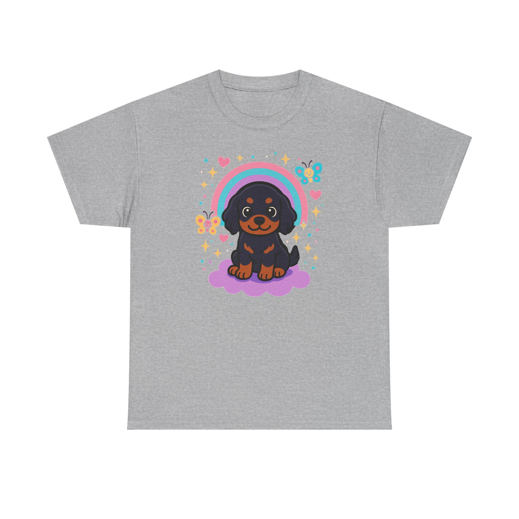 Cute Puppy Gordon Setter On Cloud Under Rainbows Stars and Hearts T-Shirt