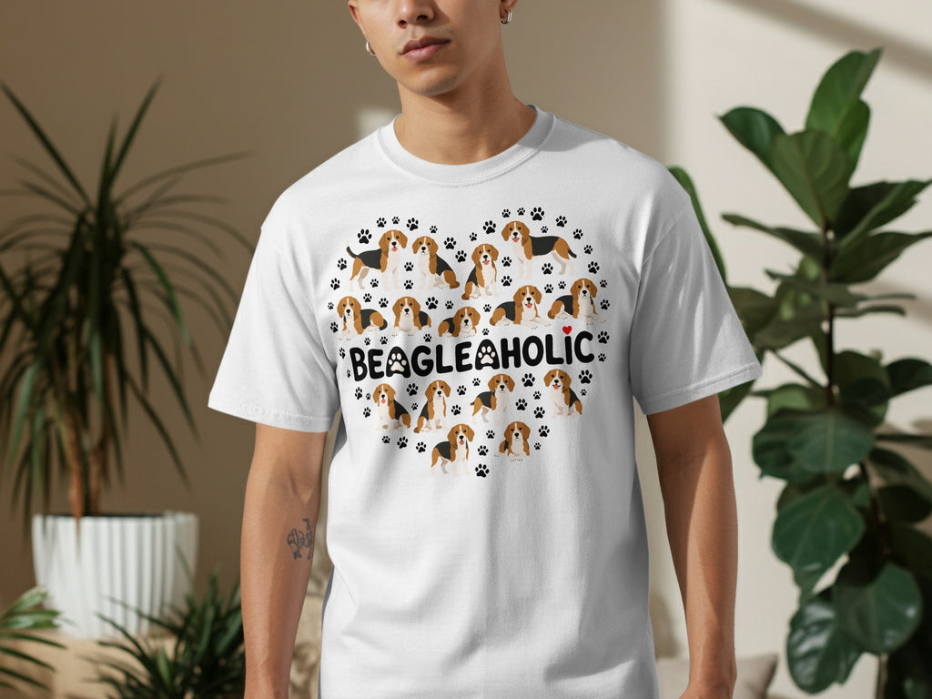 White t-shirt with a heart pattern of Beagle dogs and paw prints.