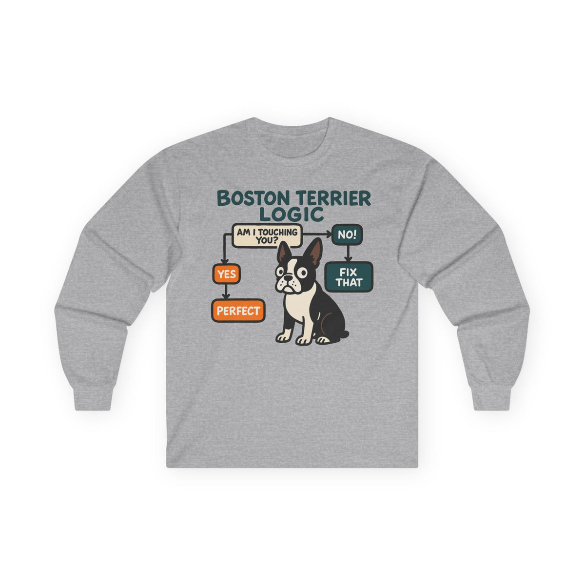 Boston Terrier Logic Flowchart Long Sleeve Tee in Sport Grey