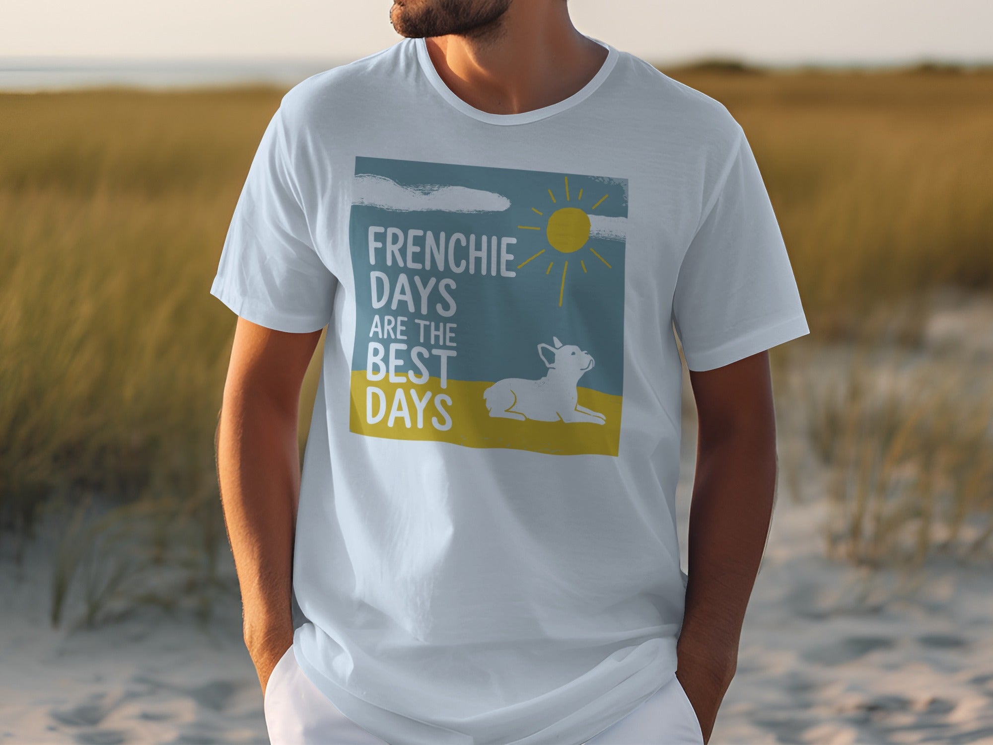 White t-shirt with "Frenchie Days Are The Best Days" text and a French bulldog.