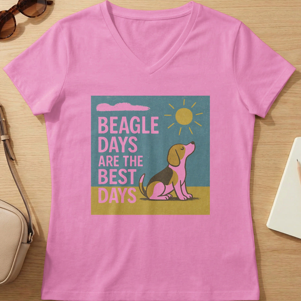 Pink t-shirt with a graphic of a beagle, sun, cloud, and text "BEAGLE DAYS ARE THE BEST DAYS".