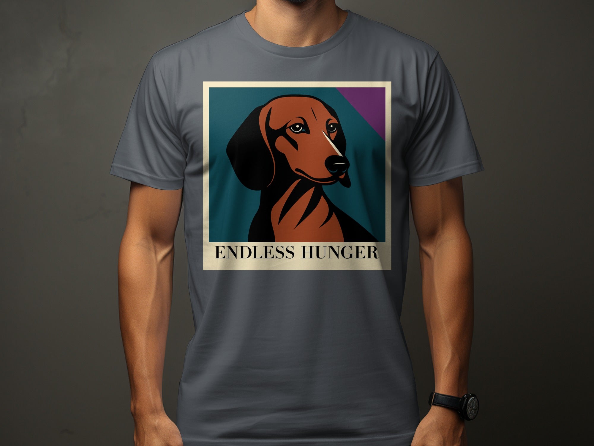 Dachshund illustration with text "ENDLESS HUNGER" on a grey t-shirt.