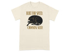 Cream t-shirt with a sleeping black greyhound and "BUILT FOR SPEED. CHOOSING SLEEP." text.