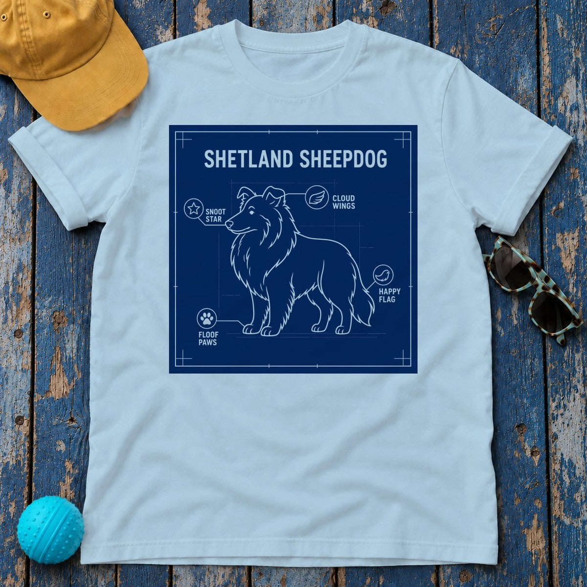 Shetland Sheepdog Blueprint T-Shirt in Light Blue