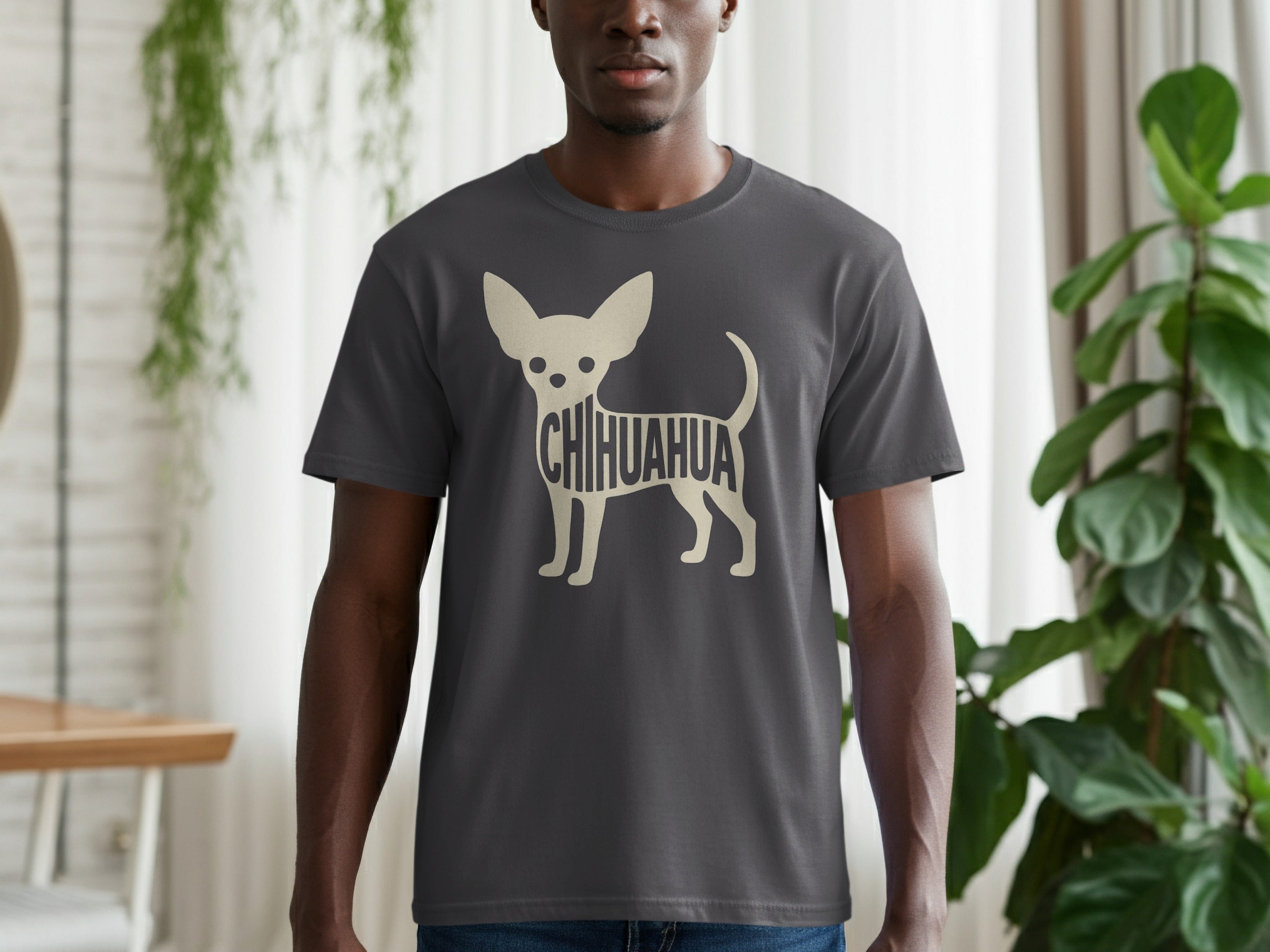 Dark grey t-shirt with beige chihuahua graphic featuring "CHIHUAHUA" text.