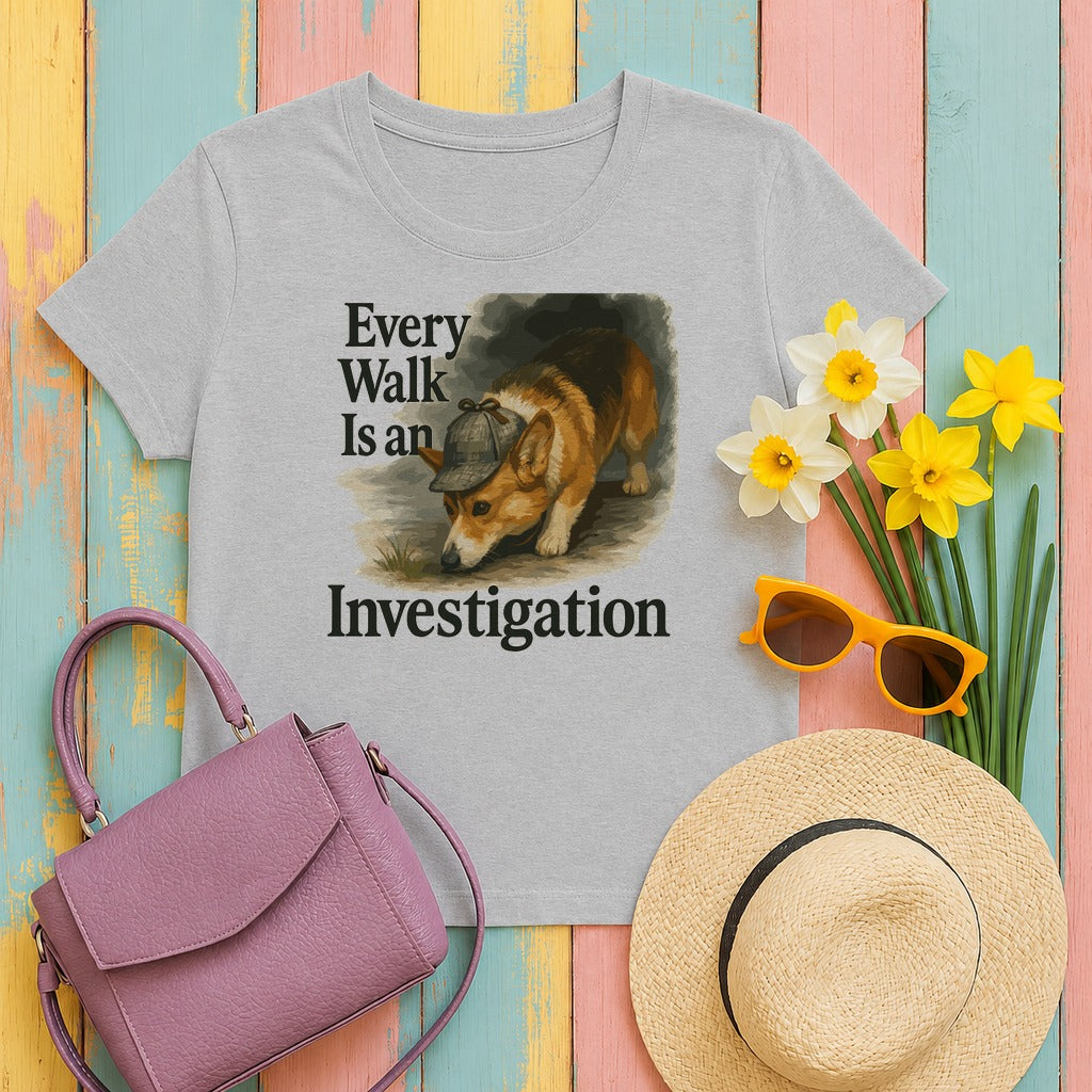 Whimsical Corgi Detective T-Shirt in Sport Grey