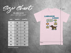 Gildan 5000 size chart with Labrador Logic graphic and clothing dimensions.