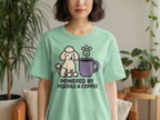 Mint t-shirt with a poodle and coffee cup graphic and text "POWERED BY POODLE & COFFEE".