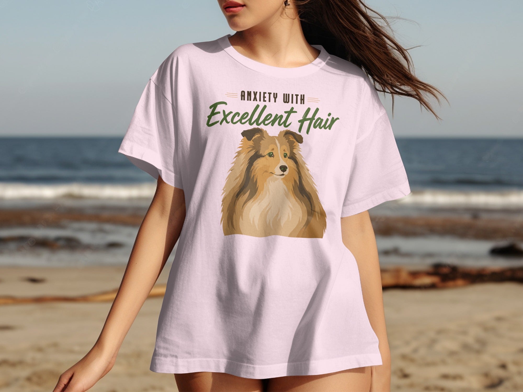 Pink t-shirt with "Anxiety with Excellent Hair" text and a Shetland Sheepdog graphic.