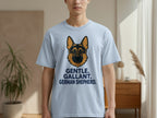Light blue t-shirt with "GENTLE. GALLANT. GERMAN SHEPHERD." and dog portrait.