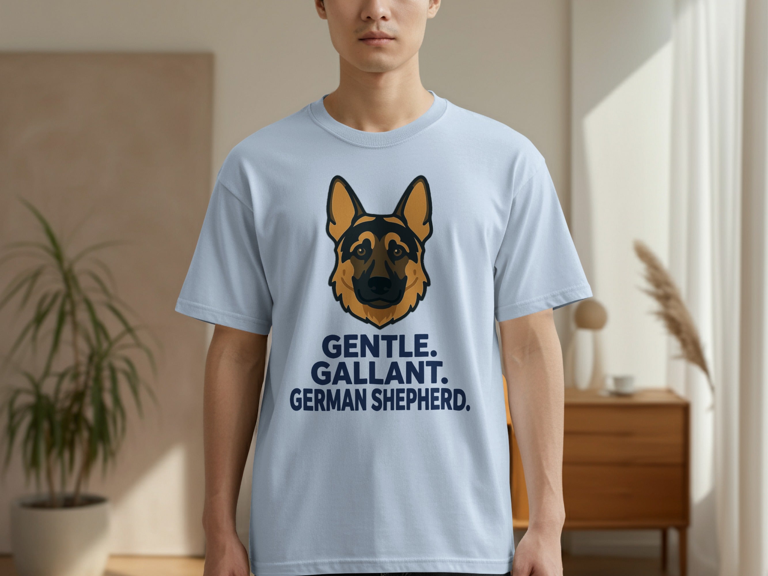 Light blue t-shirt with "GENTLE. GALLANT. GERMAN SHEPHERD." and dog portrait.