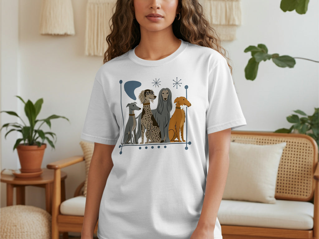White t-shirt featuring a graphic of four stylized dogs in muted colors.