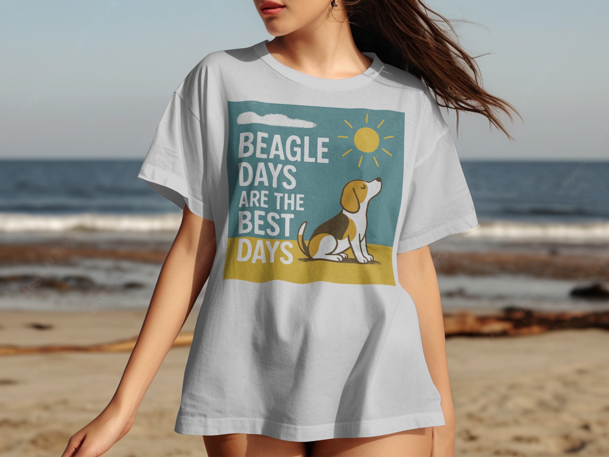White t-shirt with Beagle sitting on beach, "Beagle Days Are The Best Days" text.