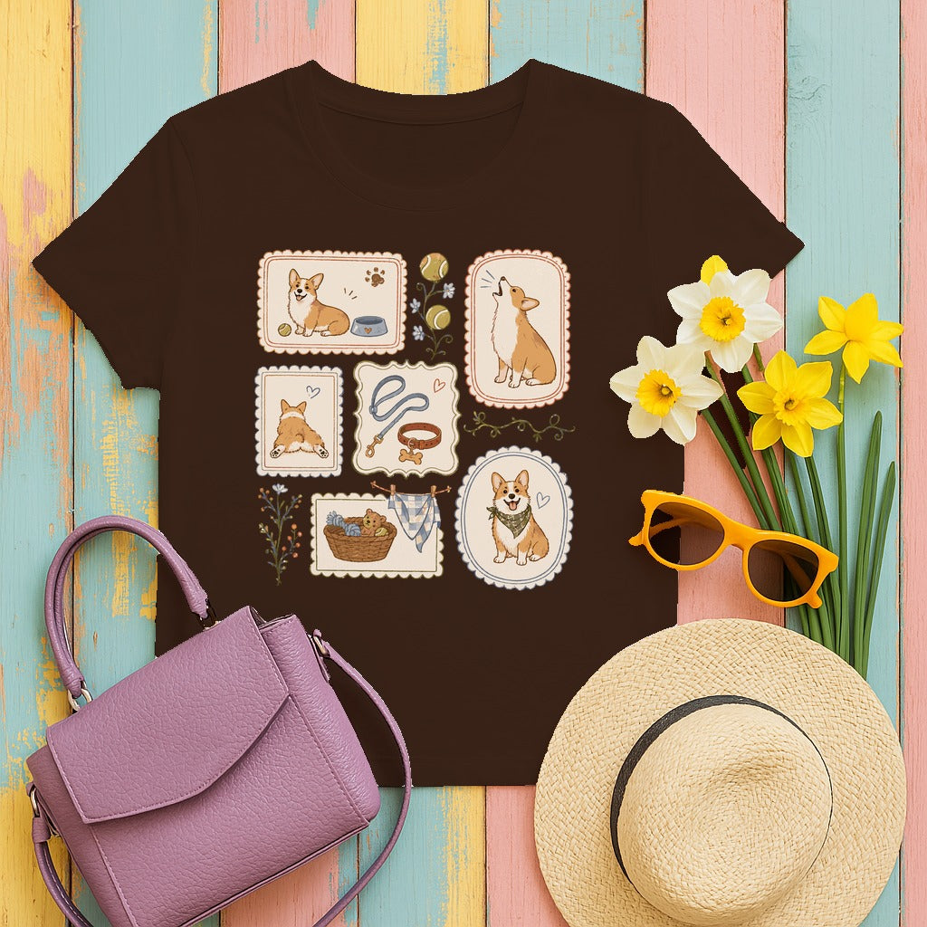 Cozy Corgi Vignettes T-Shirt in Dark Chocolate