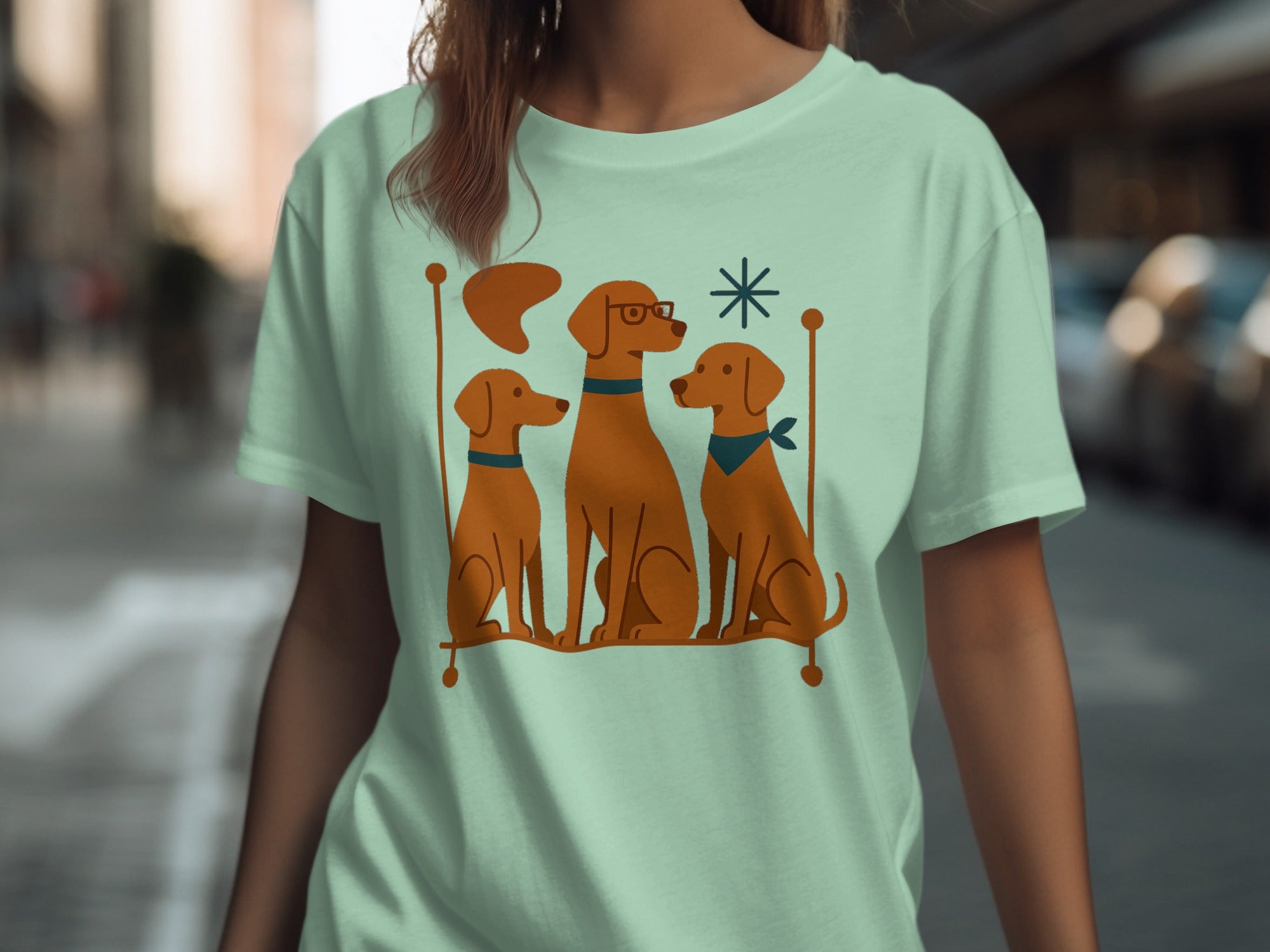 Three brown dogs with stylized accents sit on a horizontal line, one wearing glasses.