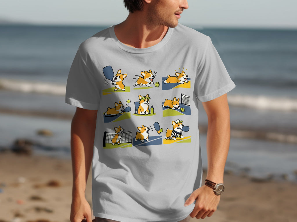 T-shirt with cartoon corgi playing pickleball in multiple action poses.